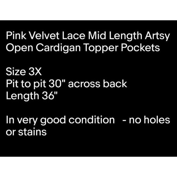 Pink Velvet Lace Mid Length Artsy Open Cardigan Topper Pockets Sz 3X - Picture 8 of 8